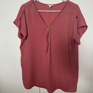 Pink Zippered V Neck Top